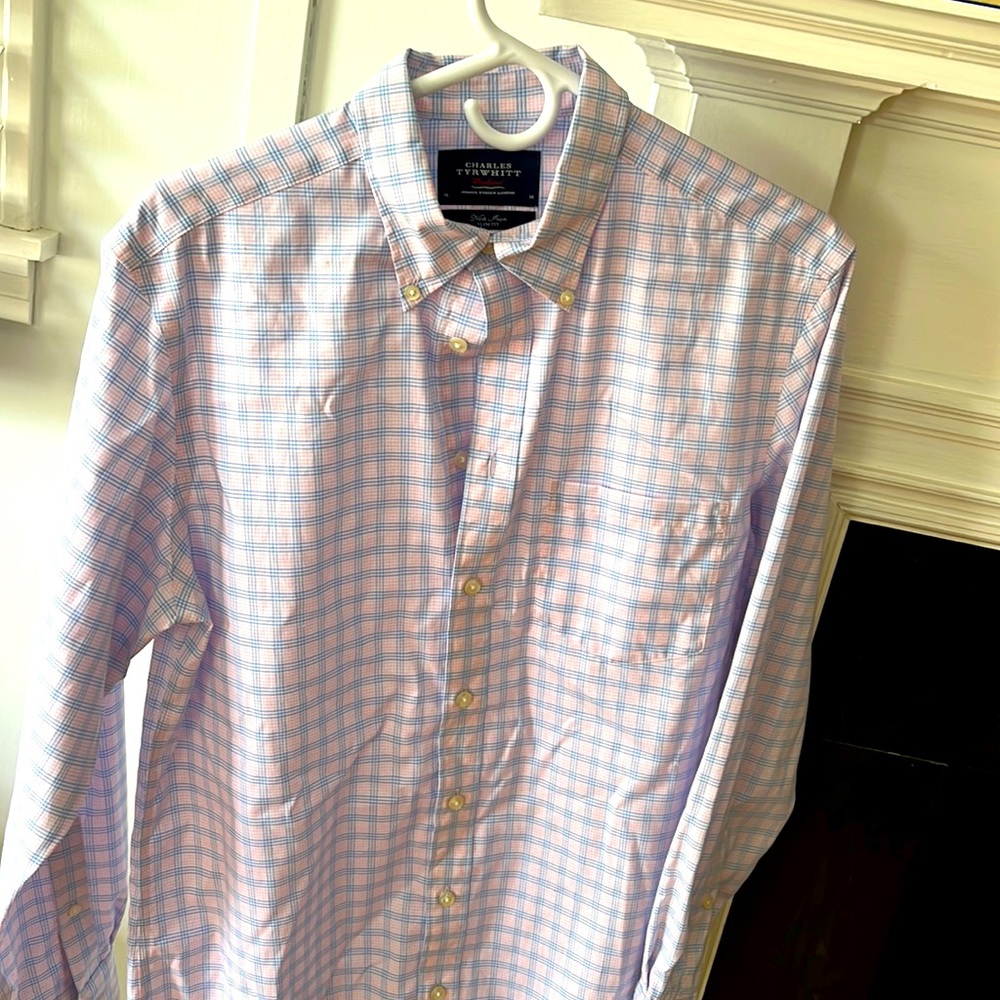 Charles Tyrwhitt Non-Iron Slim fit Pink/Blue Checkered Button Down Shirt